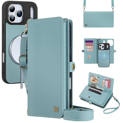 for Wallet Case Compatible with iPhone 17 Pro,Multi-Function Detachable 2 in 1 Magnetic iPhone 17 Pro Case Wallet,Flip Strap Zipper Card Holder Phone Case with Shoulder Straps (Blue) - color: Blue, size: iPhone 17 Pro