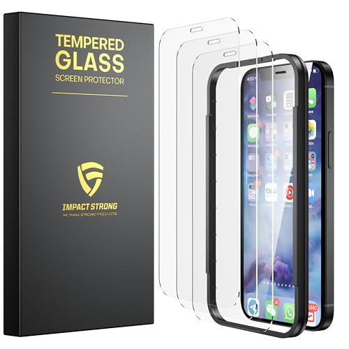 ImpactStrong 3-Pack Shatterproof Tempered Glass Screen Protector for iPhone 12 / iPhone 12 Pro [Easy Installation Frame] [Bubble Free] [9H Hardness] [Full Coverage] Case Friendly, 6.1 Inch - size: iPhone 12/12 Pro