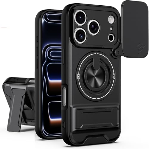 Dssairo for iPhone 17 Pro Max case with 360°Rotation Magnetic Ring Compatible with MagSafe Slide Camera Cover Foldable Stand Military-Grade Shockproof Protective case (Black, iPhone 17 Pro Max) - color: Black, size: iPhone 17 Pro Max