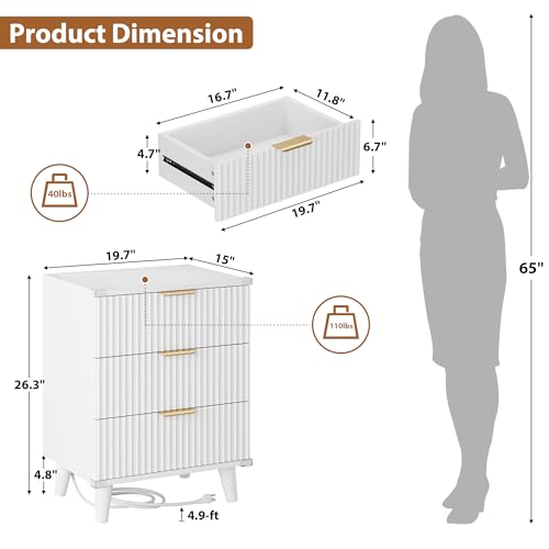 Lulive Wood Bedside Table w/Charging Station, 3 Drawers Fluted Dresser - color: White, size: 3 Drawers-Set of 1 Nightstand