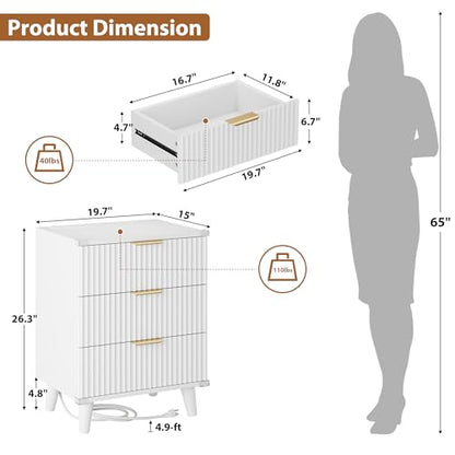 Lulive Wood Bedside Table w/Charging Station, 3 Drawers Fluted Dresser - color: White, size: 3 Drawers-Set of 1 Nightstand