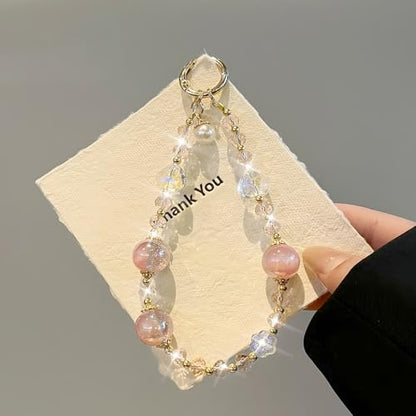 Sparkling Pink Phone Charm, Beaded Phone Wrist Strap for Women - color: Pink Crystal