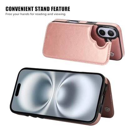 Wallet Case Compatible with iPhone 16 6.1”, Slim Protective Case with Card Holder,Premium PU Leather Kickstand Card Slots Case with Double Magnetic Clasp-Rose Gold - color: Rosegold-F, size: iphone 16 6.1"