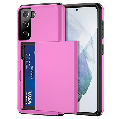 Jiunai for Samsung Galaxy S21 Case Wallet Credit Card IDs Cash Holder Pink | Slide Cover Dual Layer Hybrid Protective Hard PC Soft TPU Rubber Cover Phone Case for Samsung Galaxy S21 5G 6.2'' Women Men - color: Pink