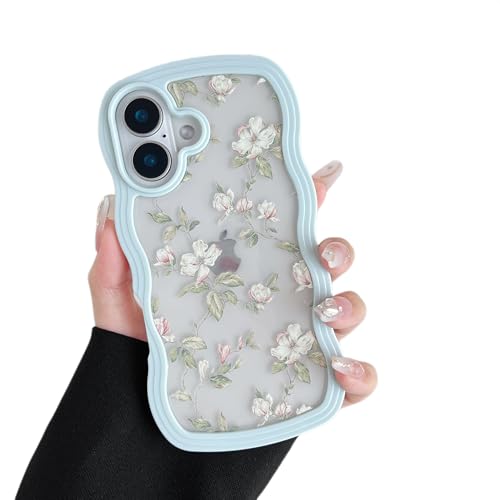 ZTOFERA Floral Case for iPhone 16 6.1 inch,Cute Curly Wave Frame Shape Case with Green Leaf Flower Pattern for Women Girls, Clear Slim Shockproof Phone Cover for iPhone 16, Green - color: Green, size: iPhone 16 6.1"