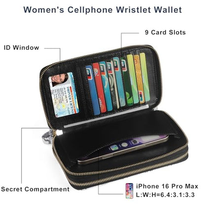 Double Zipper Wallet for Women That Hold Big Cell Phone with 17 Card Slots and Coin Pocket, RFID Blocking Anti Theft, Snakeskin - color: White Snakeskin