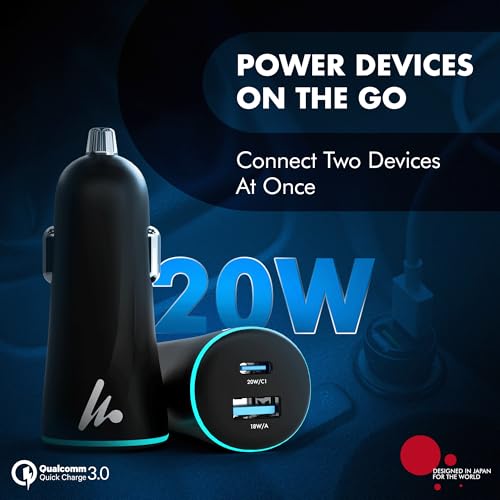 PD 20W Wozoyo Car Charger with Type-C & USB A,Power Delivery, PPS & QC 3.0, Dual Port Fast Charging (20W + 18W), 12V–24V Compatible, Multi-Layer Protection, 2-Years Manufacturer Warranty