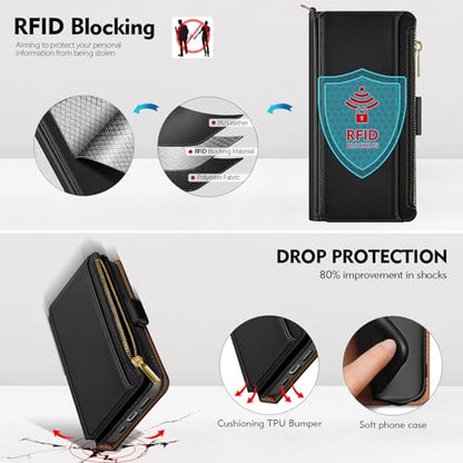 Antsturdy for iPhone 14 Plus Phone Wallet Case Women,Black | RFID Blocking,with Credit Card Holder Slots,PU Leather Purse,Zipper Pocket,Wrist Strap Kickstand,Flip Folio Cover for Men - color: Black-JS