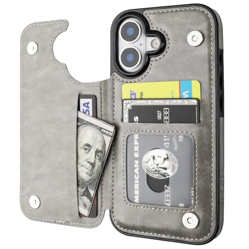 ONETOP for iPhone 17 Wallet Case with Credit Card Holder,Gray | Kickstand,ID/Cash Holder,Case Wallet with Card Slots,Double Magnetic Clasp,Durable PU Leather Shockproof Cover for Women Men - color: Gray