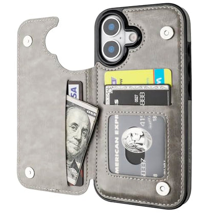 ONETOP for iPhone 17 Wallet Case with Credit Card Holder,Gray | Kickstand,ID/Cash Holder,Case Wallet with Card Slots,Double Magnetic Clasp,Durable PU Leather Shockproof Cover for Women Men - color: Gray