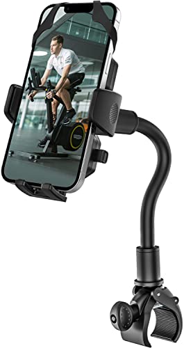 Gooseneck Spin Bike Phone Mount, Handlebar Clip Cell Phone Holder for Exercise Bicycle, Stationary Cycling, Stroller, Gym Treadmill for iPhone 17 Pro Max Air 16 15 14 13 12 and 4-7" Smartphones