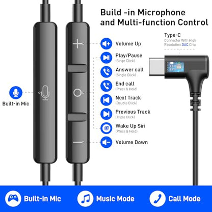 USB C Headphone Right Angle Magnetic Wired Earbuds for iPhone 18 Pro Max 17