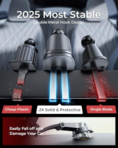 Phone Holders for Car Vent with Double Metal Hook Clip,[One-hand Operation] - color: Dark Black