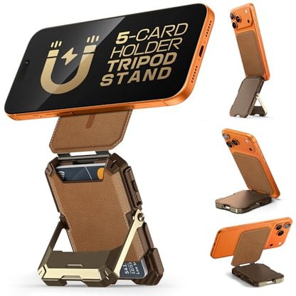 SUPCASE for MagSafe Wallet with Adjustable Stand, Hold 5 Cards, Brown | RFID Blocking, Strong Magnetic Lock, Genuine Leather Magnetic Wallet for Men, Card Holder Tripod for iPhone 17/16/15/14/13/12 - color: Brown