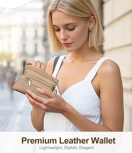 TiMOVO Clip and Go Phone Strap Crossbody with Leather Wallet, Adjustable Anti-Theft Lanyard with Pouch for Most Phone Case - color: Khaki + Beige