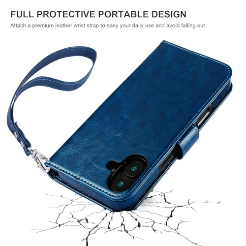 Bocasal Detachable Wallet Case Card Holder for iPhone 16 Plus, Blue | RFID Blocking Kickstand Card Slots Holder PU Leather Magnetic Shockproof Wrist Strap Removable Flip Protective Cover 6.7 inch - color: Blue