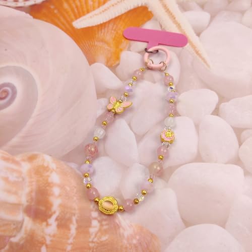 Cute Phone Wrist Strap Chic Beaded Cellphone Lanyard Phone Charm Grip Strap - color: Pink Butterfly