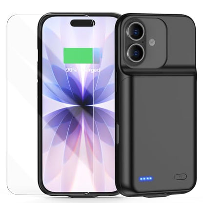 Battery Case for iPhone 17(6.3 inch), 2026 Upgraded 7000mAh Ultra-Slim Charging Case Poratble Rechargeable Extended Charger Case Battery Pack with Tempered Glass Screen Protector Black