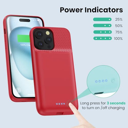 Battery Case for iPhone 15 Pro Max,Powerful 8600mah Ultra-Slim Protective Charging Case,15W Fast Charging Portable Rechargeable Expandable Battery Charger Cover for iPhone 15 Pro Max(6.7inch)-Red - color: Red