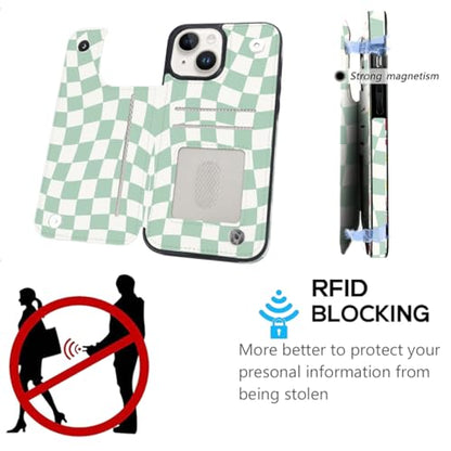 Compatible with iPhone 14/13 6.1" Wallet Case with Card Holder Folio Flip PU Leather Kickstand Card Slots Case Double Magnetic Clasp and RFID Blocking Cover 6.1 Inch (Green Checkerboard) - color: Checkerboard, size: iPhone 14/13