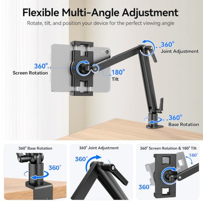 iPad Desk Mount Holder, Sturdy Aluminum Arm with C-Clamp for Desk & Bedside - size: Large