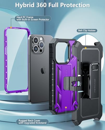 FNTCASE for iPhone 15 Pro Case with Belt Clip, Rugged Kickstand | Built-in Screen Protector, Military-Grade Drop Protection, Heavy Duty Shockproof Holster Protective Cover - color: T-Purple