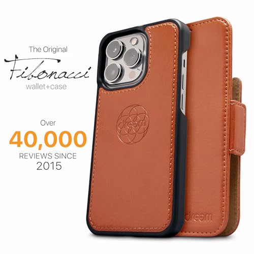 Dreem Vegan Leather Magnetic Detachable Wallet Case for iPhone 13 Pro Max | Built-in Phone Stand, RFID Blocking Card Holder Flip Cover, MagSafe Compatible, Gift Box [Fibonacci: Caramel] - color: Caramel, size: iPhone 13 Pro Max