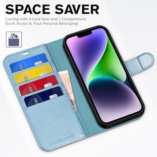 TUCCH Wallet Case for iPhone 14 (6.1") 2022, 4 Card Slots, Shiny Light Blue | RFID Blocking, Viewing Stand, Shockproof TPU Shell, PU Leather, Magnetic Closure, Protective Folio Flip Cover - color: Shiny Blue