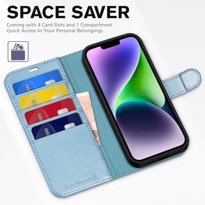 TUCCH Wallet Case for iPhone 14 (6.1") 2022, 4 Card Slots, Shiny Light Blue | RFID Blocking, Viewing Stand, Shockproof TPU Shell, PU Leather, Magnetic Closure, Protective Folio Flip Cover - color: Shiny Blue