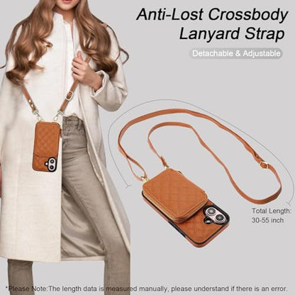 Bocasal Crossbody Wallet Case Card Holder for iPhone 16, Brown | RFID Blocking PU Leather Zipper Handbag Purse, Kickstand Flip Folio Case with Card Slots Holder Wrist Strap Lanyard 6.1 Inch - color: Brown
