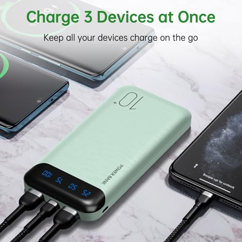 YOBON Power Bank 10000mAh Portable Charger Slim Battery Pack with 2 USB 2.4A Outputs and USB C in/Out Compatible with Huawei iPhone 16 15 14 13 12 iPad Samsung Galaxy S20 Android Tablet (Light Green) - color: Light Green