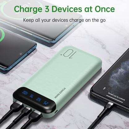 YOBON Power Bank 10000mAh Portable Charger Slim Battery Pack with 2 USB 2.4A Outputs and USB C in/Out Compatible with Huawei iPhone 16 15 14 13 12 iPad Samsung Galaxy S20 Android Tablet (Light Green) - color: Light Green