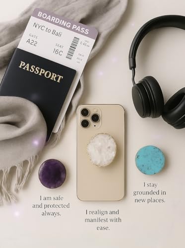Grips by CRYSTALFY Amethyst Gold Edge Crystal Phone Grip Holder & Expanding Kickstand - Natural Gemstone Swappable Top Accessory for iPhone, iPad, Kindle & Mobile Devices