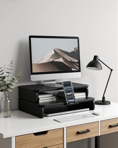 Wooden Monitor Stand Riser with Hidden Phone Holder, Black