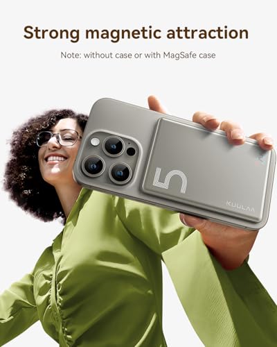 Kuulaa Magnetic Power Bank 5000mAh 0.28'' Ultra Slim Portable Charger Magsafe Battery Pack for iPhone 17/16 Pro Max/15/14/13/12 Mini, Titanium
