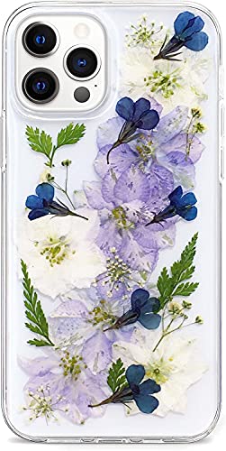 Abbery Designed for iPhone 12 Pro Max Pressed Flower Case, Cute Bling Glitter Sparkle Clear with Design Soft Silicone TPU Rubber Dried Real Floral Aesthetic Case for Women Girls (Navy Flower) - color: Navy Flower, size: for iPhone 12 Pro Max