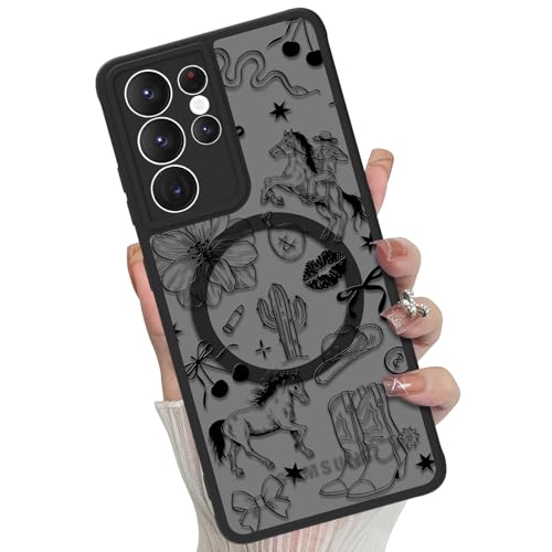 Magnetic for Samsung Galaxy S21 Ultra Case,Black Western Cowboy | Compatible with MagSafe,Cute Floral Pattern Translucent Matte Hard Back Shockproof Anti-Scratch Phone Case for Women Girls - color: Western Cowboy, size: Samsung Galaxy S21 Ultra