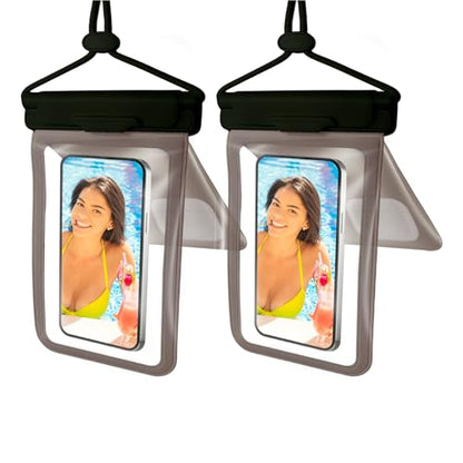 2Pack Double Space Waterproof Phone Pouch Set, IPX8 Secure Seal CellPhone Dry Bag Clear Panel Phone Protector Adjustable Lanyard Fits Up To 7.5" for Family Cruise Ship Shore Excursions - color: Black + Black