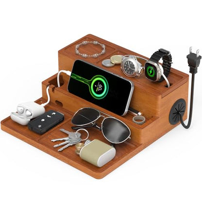 Valet Tray, Nightstand Organizer with Charging Station - color: Stylish Brown