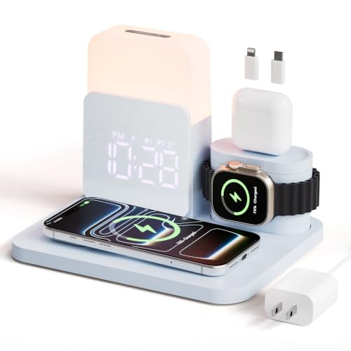 7 in 1 Wireless Charging Station, 25W Charger with Alarm Clock Night Light - color: Blue