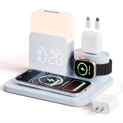 7 in 1 Wireless Charging Station, 25W Charger with Alarm Clock Night Light - color: Blue