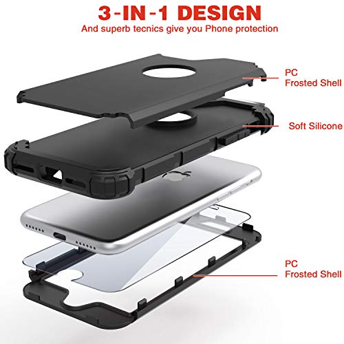 IDweel for iPhone 8 Case with Tempered Glass Screen Protector, for iPhone 7 Case, 3 in 1 Shockproof Slim Hybrid Heavy Duty Hard PC Cover Soft Silicone Bumper Full Body Case, Black - color: Black