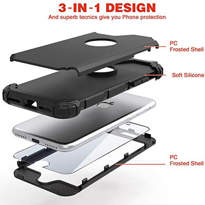 IDweel for iPhone 8 Case with Tempered Glass Screen Protector, for iPhone 7 Case, 3 in 1 Shockproof Slim Hybrid Heavy Duty Hard PC Cover Soft Silicone Bumper Full Body Case, Black - color: Black