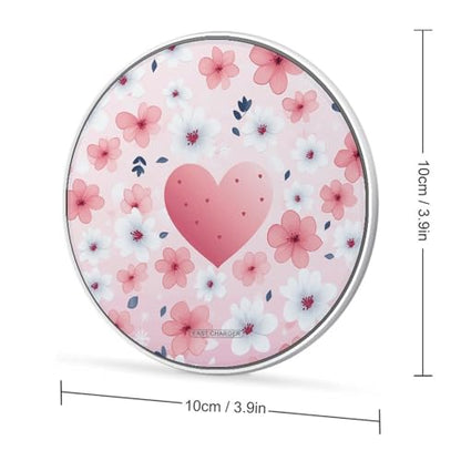Pink Flower and Hearts Wireless Charger Portable Fast Charging Pad Lightweight Wireless Charging Pad 10W Slim Charging Station for Phone Charger Mat for Travel Home Office Desk