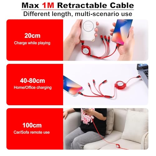 MJXIANG Retractable Multi Charging Cable 4 in 1, 3.3Ft 3A Fast Charger Cord