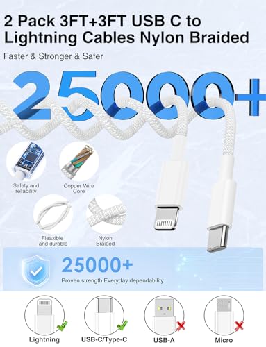 USB C to Lightning Cable Nylon Braided [Apple MFi Certified] - 2Pack 3/3FT - color: White, size: 3ft+3ft