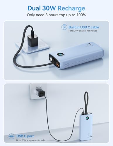 DIAMUAR Portable Charger 20000mAh 45W, Built in USB C Cable, 3W Flashlight - color: Blue
