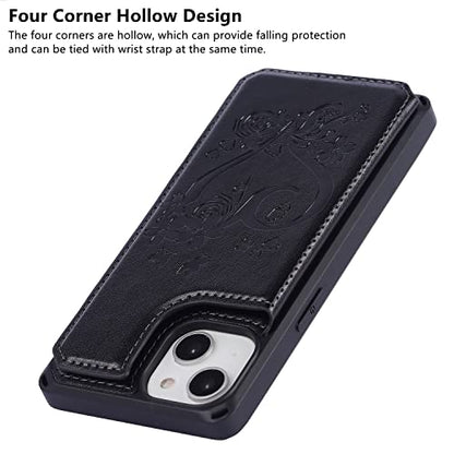 iCoverCase Compatible with iPhone 14 Wallet Phone Case with Card Holder for Women, RFID Blocking Embossed PU Leather Wrist Strap Case 6.1 Inch (Heart Black) - color: H-Black