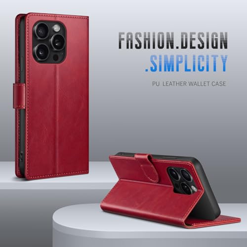 Wallet Case for iPhone 15 Pro Max 6.7", Red | RFID-Blocking Card Holder, Kickstand, Magnetic Closure, PU Leather Folio Flip Cover, Protective Women Men Cases - color: Red, size: iPhone 15 Pro Max