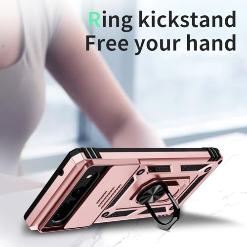 Vinve for Google Pixel 6 Pro Case with Slide Lens Cover, Military Grade Drop Protection, Magnetic Rotated Ring Holder Kickstand Phone Case (Rose Gold) - color: Rose Gold